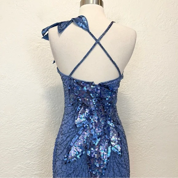 Vintage NiteLine Dress Blue Silk Chiffon Beaded Sequins 70s 80s Party XS S - Picture 6 of 11